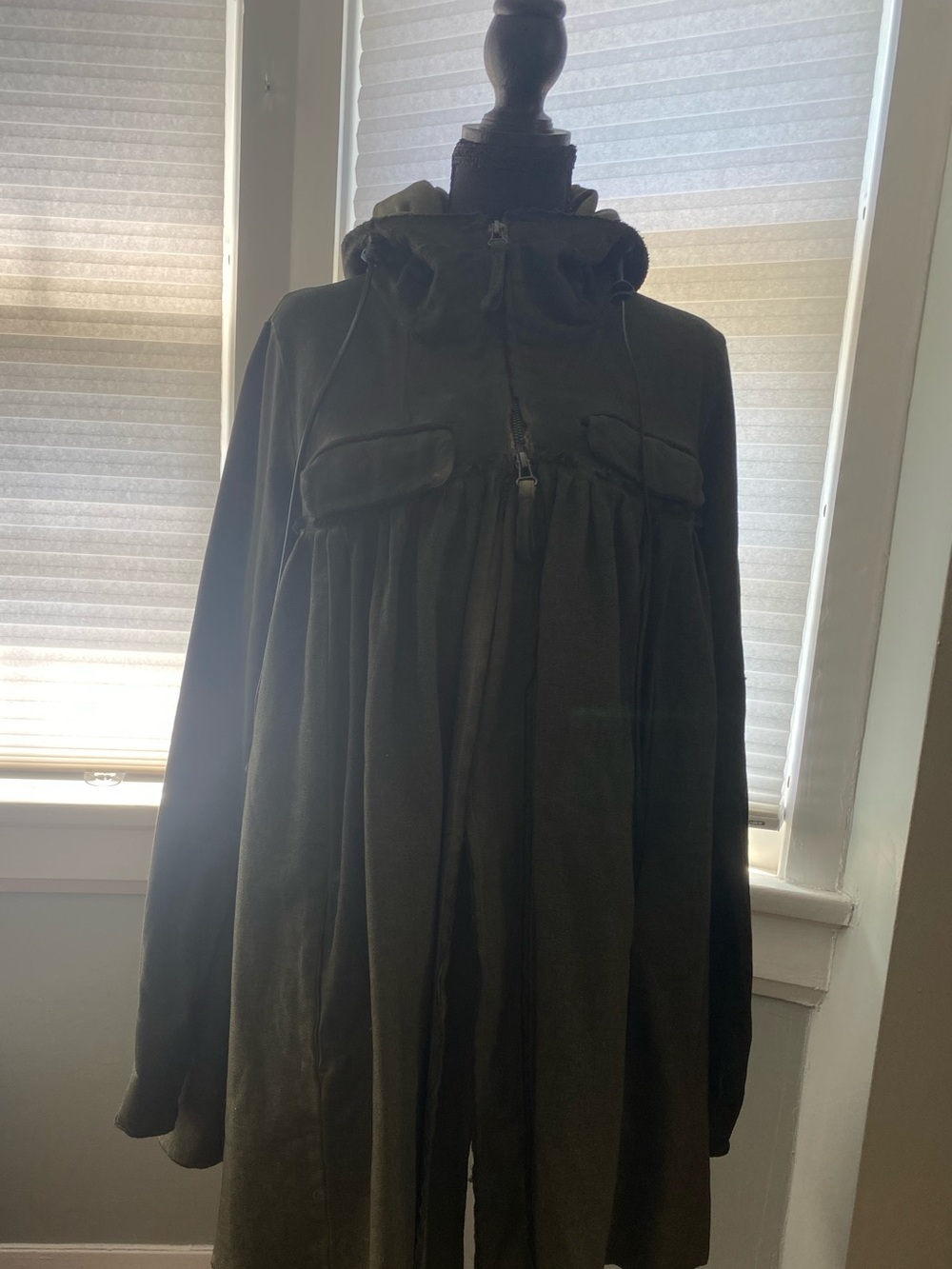 Women's Hooded Swing Coat in Olive Green.  Rundholtz Dip